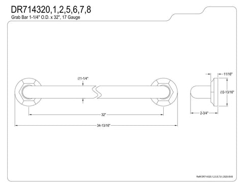 Technical drawing of Metropolitan 32 Inch Decorative Grab Bar In Brushed Brass, 17 Gauge Brass Construction With Mounting Hardware