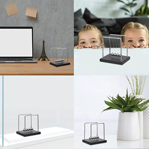 Five Beads Newton's Cradle Desk Toy With Perpetual Motion Pendulum on various desktops and a child's curious gaze