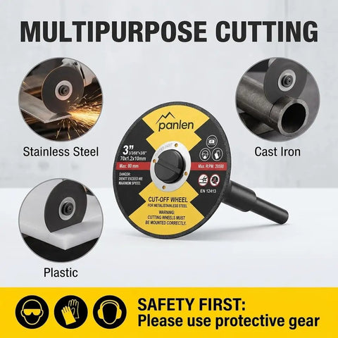 Three Inch Pro Grade Die Grinder Cutting Discs Ten Pack With Mounting Mandrel Kit, multipurpose use on stainless steel, cast iron, plastic.