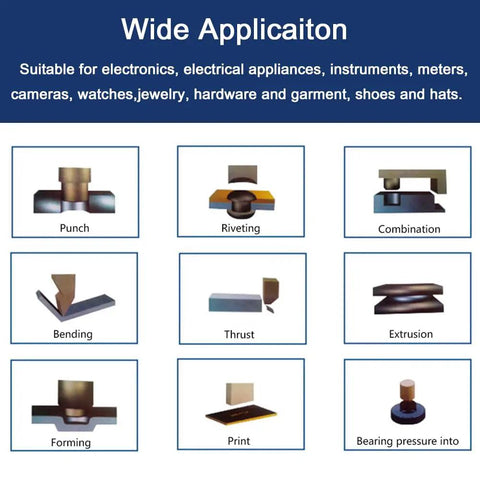 Heavy Duty Pneumatic Punch Press Desktop Sheet Metal Hole Puncher With Adjustable Cylinder Stroke No Sweat Operation And Rock Solid Anti Rotation Guide Rails, showing various applications like Punch, Riveting and Bending.