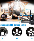 Two Pack 120W LED Garage Ceiling Lights with deformable panels, 90° adjustable, shown in a workshop with bright illumination.