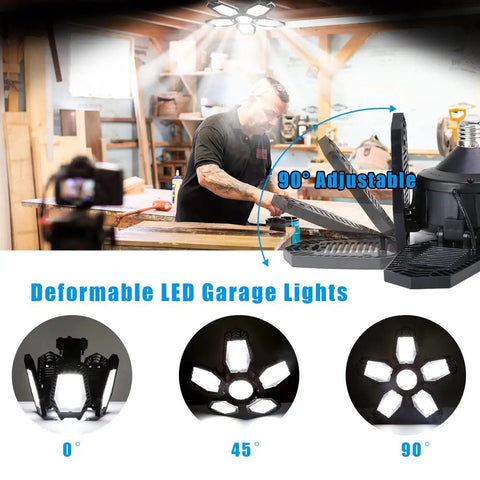 Two Pack 120W LED Garage Ceiling Lights with deformable panels, 90° adjustable, shown in a workshop with bright illumination.