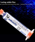 DIY Friendly UV Curing Solder Paste For PCB Repairs in 10cc tube, shown with protective cap and label, Quick Cure Under Sun Or UV Light.