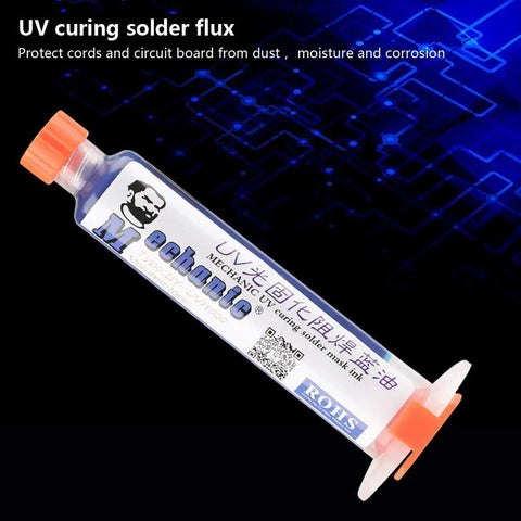 DIY Friendly UV Curing Solder Paste For PCB Repairs in 10cc tube, shown with protective cap and label, Quick Cure Under Sun Or UV Light.