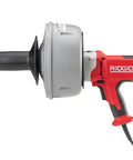 Heavy Duty Manual Feed Drain Cleaner With 5/16 Inch Inner Core Cable And Roll Up Inner Drum designed for tough clogs, featuring ergonomic grip.