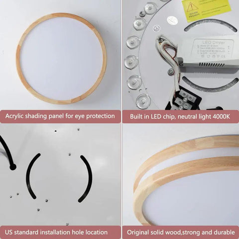 Components of Wood LED Flush Mount Ceiling Light Modern Round Ceiling Lamp For Bedroom Living Room Hallway And Laundry 15.8 Inch 4000K Daylight Minimalist Ceiling Fixture Energy Efficient LED Chips Cozy Ambience, showing acrylic panel, LED chip, installation holes, and oak wood frame.