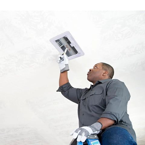 Man installing Plastic Access Panel For Drywall Ceiling 4 X 6 Inch Reinforced Plumbing Wall Access Doors Removable Hinged White