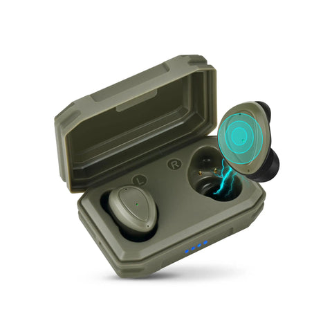 Electronic Shooting Earbuds With Bluetooth, DSP Noise Reduction, SNR 29 dB Hearing Protection; earbuds in charging case