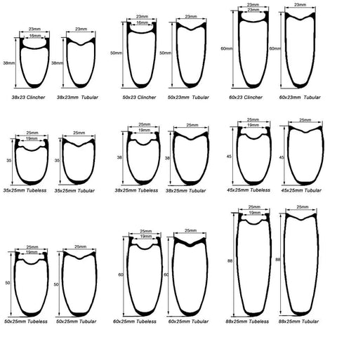 Diagrams of Carbon Fiber 700C Road Wheelset Rim Brake For Aero Performance With Depths 30 35 38 40 45 50 55 60 88mm