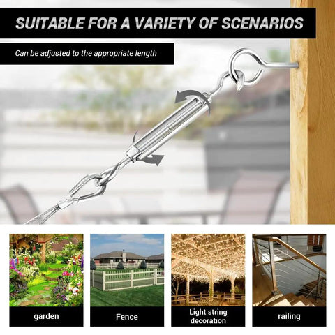 3 Pack M10 Hook And Eye Turnbuckles Made From Top Shelf 304 Stainless Steel Cable Tensioner installed on fencing for secure adjustments.
