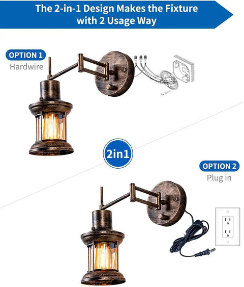 Farmhouse Dimmable Swing Arm Wall Light Two Pack Hardwire Or Plug In Rustic Vintage Sconce with cord options shown