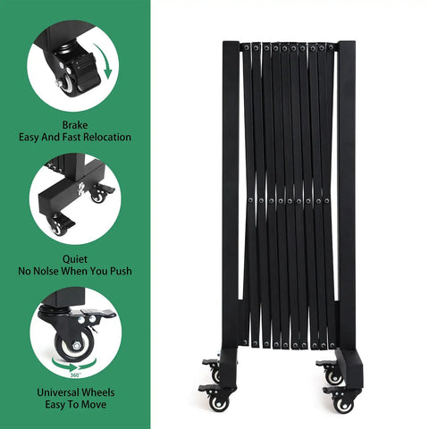 Tough 11.5 Foot Expandable Barricade Gate And Retractable Metal Crowd Control Fence with smooth rolling wheels for easy relocation.