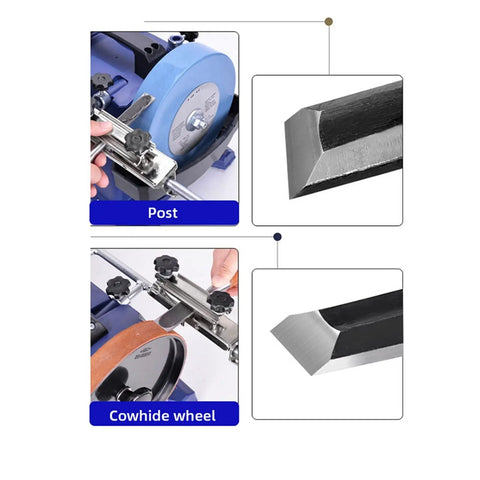 Heavy Duty 8 Inch Bench Grinder Low Speed Knife Sharpener And Polishing Machine Built Like A Tank With Top Shelf Steel Replacement Wheels smooth desktop view of post and cowhide wheel for sharpening.