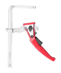 Heavy Duty Ratcheting Table Clamp Hardcore Rail Fixture For Woodworking and Rock Solid Material Stabilization Built With Premium Chrome Steel For Pro Shops side view with red lever and silver parts.