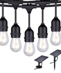 Solar Outdoor String Lights 48 Ft LED With 15 Hanging Sockets, waterproof shatterproof S14 Edison bulbs, and solar panels shown.