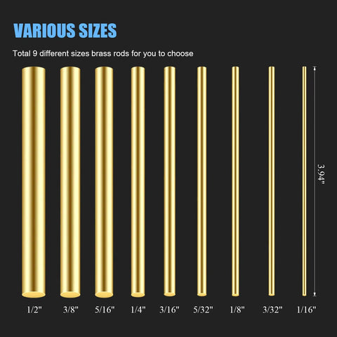 Various sizes of brass rods including Twenty Pieces Brass Rods Three Thirty Second Inch Diameter And Three Point Nine Four Inch Long Brass