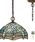 Sea Blue Stained Glass Dragonfly Tiffany Pendant Light Fixture With 12 Inch Shade and 24 Inch Chain, Antique Green Bronze Finish