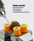 Heavy Duty Mini Suction Cup Vise Bench Mount 360 Rotation Universal Desktop Clamp For Woodwork with yellow grips holding an item.