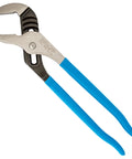 12 Inch Tongue And Groove Pliers With Straight Jaw For Boss Grip Laser Heat Treated Teeth And Undercut No Slip Design Built From High Carbon Steel, visible with blue handles on white background.