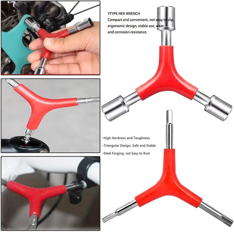 Y-type hex wrench from Spoke Tension Meter And Wrench Kit For Bikes 8 Piece Pro Wheel Repair Set with red ergonomic grip.