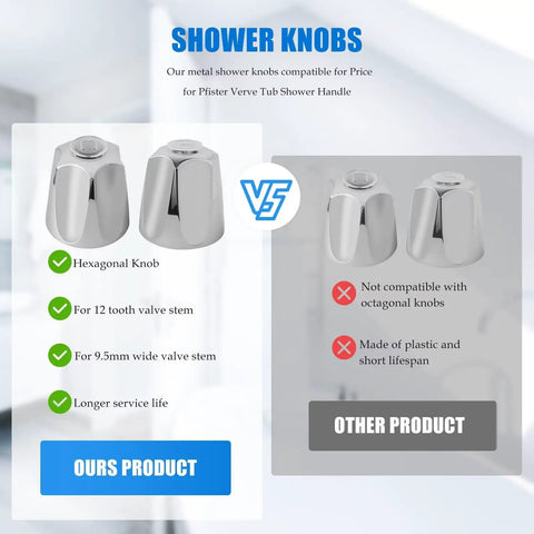 Stylish Polished Chrome Shower Knob 2 Piece Replacement Kit For Price Pfister Verve Tub Handles With 9.5mm Valves And Compact Design For A sleek Bathroom Upgrade, chrome hexagonal knobs