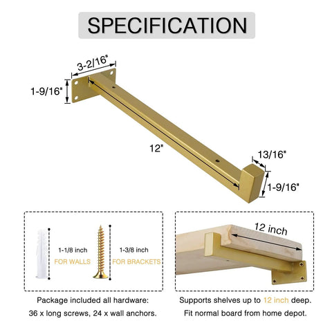 Specification of Gold 12 Inch Floating Shelf Brackets Set Of 6 With Lip Heavy Duty Industrial Wall Mounted Shelf Supports For Kitchen And Bathroom Storage Includes Screws For Easy DIY Install, showcasing measurements and included hardware.
