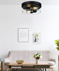 Living room with Two Light Black Flush Mount Ceiling Light Fixture With Seeded Glass Shade, Industrial Farmhouse Style.