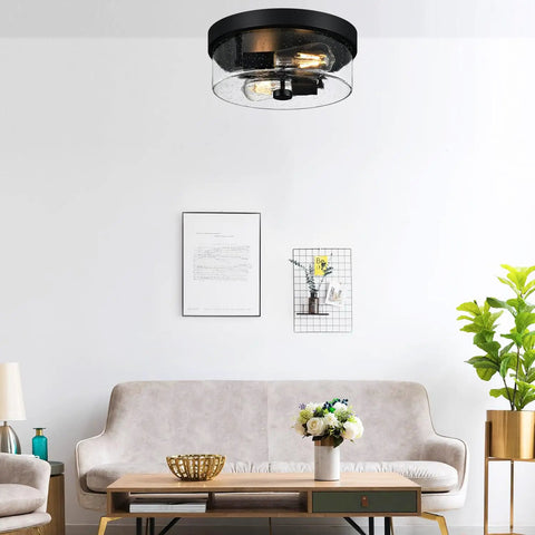 Living room with Two Light Black Flush Mount Ceiling Light Fixture With Seeded Glass Shade, Industrial Farmhouse Style.