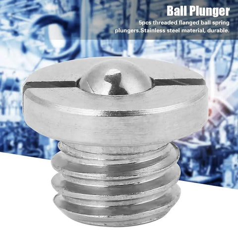 Kickass Stainless Steel Spring Loaded Ball Plungers M5X5 Threaded Set Featuring Flanged Heads and Ridiculously Smooth Action close-up view.