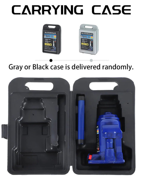 Workhorse Double Ram Bottle Jack 4 Ton Portable Hydraulic Jack With Case showing black and gray carrying cases open with jack inside