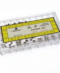 Pro Grade 170Pcs Watch Crown And Spring Bar Replacement Kit in clear plastic case labeled with sizes for watchmakers and collectors.
