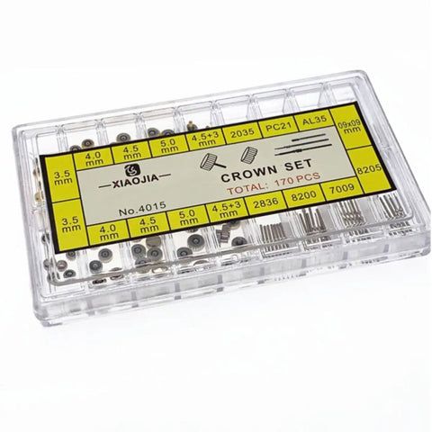 Pro Grade 170Pcs Watch Crown And Spring Bar Replacement Kit in clear plastic case labeled with sizes for watchmakers and collectors.