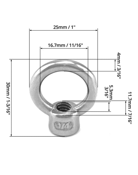 Diagram of Lifting Eye Nut showing dimensions; part of Lifting Eye Nut 10 Pack One Quarter Inch UNC Marine Grade Stainless Steel 316.