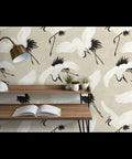 Premium Bird Pattern Large Scale Pvc Free Wallpaper on beige background in a home office setting with natural decor.