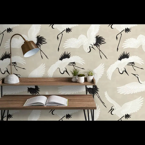 Premium Bird Pattern Large Scale Pvc Free Wallpaper on beige background in a home office setting with natural decor.