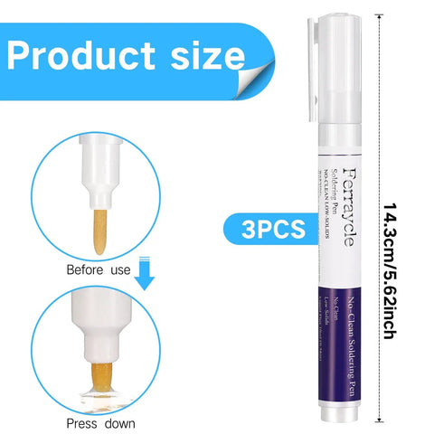 Soldering Pen And Solder Wick Kit For Electronics Repair with No Clean Pens feature, 14.3cm size, close-up on pen tip for application.