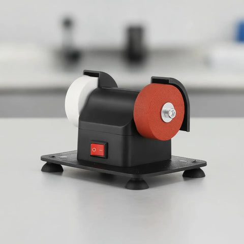 Solid Compact Corded Electric Bench Grinder Tool Polisher Cutter With Dual Wheel Setup, features a black body and red, white wheels.