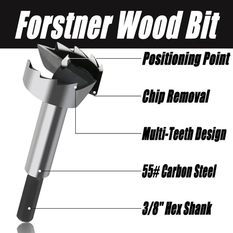 Heavy Hitter 16 Piece High Carbon Steel Forstner Drill Bit Set With Hex Shank For Smooth Woodworking And Clean Hole Cutting, 3/8" shank.