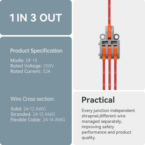 Ten Piece Mini Electrical Wire Connectors For DIY Splicing Across Four Way Six Way Eight Way Nine Way Ten Way Butt Terminal Block Connectors Nylon Insulated Safe Durable One In Three Out Easy Install, showing connector with red wires