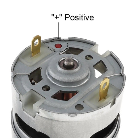 High Power RS550 Planetary Gear DC Motor With 12000-40000 RPM Speed Boost For DIY Robot Cars RC Hobby showing positive terminal plate.