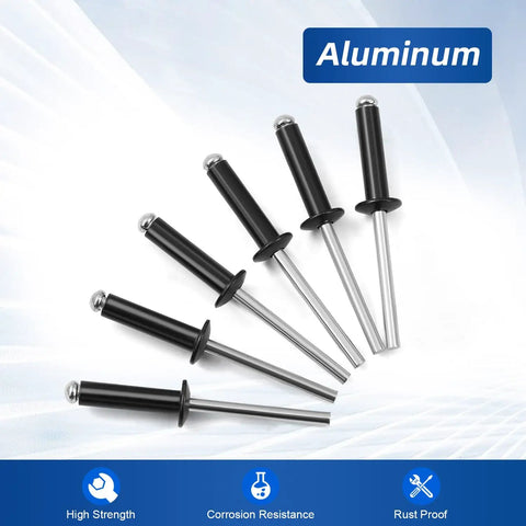 Top Shelf Heavy Duty Aluminum Blind Rivets Pop Fasteners, 3/16 Inch By 1/2 Inch Grip Range, Corrosion Resistant Steel Mandrel, Tough As Nails Hardware Setup For Metal Bonding And Pipe Assembly, 100 Piece Kit