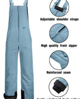 Insulated Waterproof Ski Bib Overalls For Men, Haze Blue Large, with adjustable straps, front zipper, reinforced seams, boot gaiters.