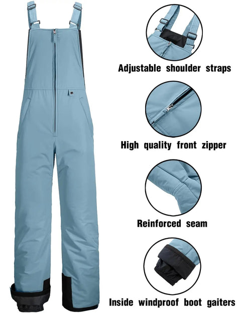 Insulated Waterproof Ski Bib Overalls For Men, Haze Blue Large, with adjustable straps, front zipper, reinforced seams, boot gaiters.