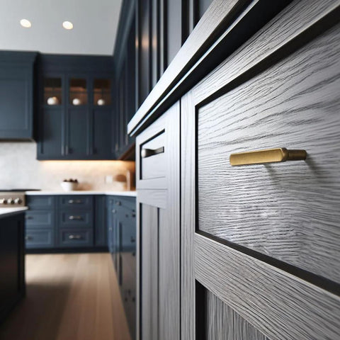 Close-up of Six Pack 3-Inch Classic Curvature Cabinet Handles in Antique Brass installed on dark wood kitchen drawer.