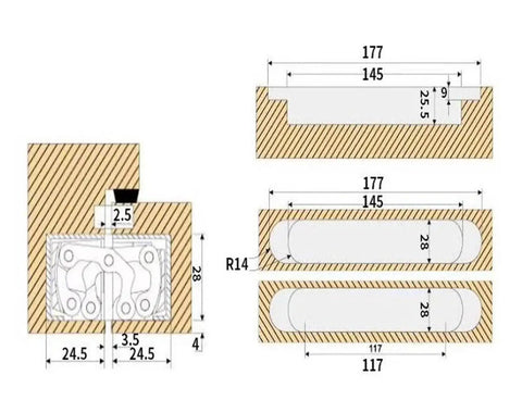 Technical diagram of hidden folding wood door hinge for cabinets, showing dimensions and structure details.