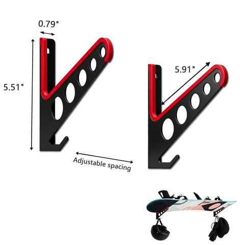 Heavy Duty Metal Snowboard Rack And Ski Wall Mount With Bottom Hooks To Stack Longboards And Skateboards Vertically Takes Zero Floor Space, side view showing adjustable spacing and dimensions.
