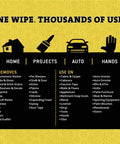 Tub O' Towels TW90 heavy-duty cleaning wipes infographic on yellow background highlighting multi-surface uses for home, auto and hands
