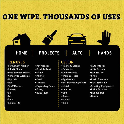 Tub O' Towels TW90 heavy-duty cleaning wipes infographic on yellow background highlighting multi-surface uses for home, auto and hands