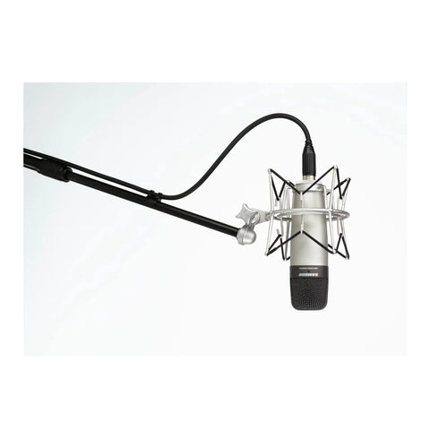 Dope Studio Condenser Recording Microphone With Large 19mm Diaphragm, Cardioid Pickup, Heavy Gauge Mesh Grill hanging on stand