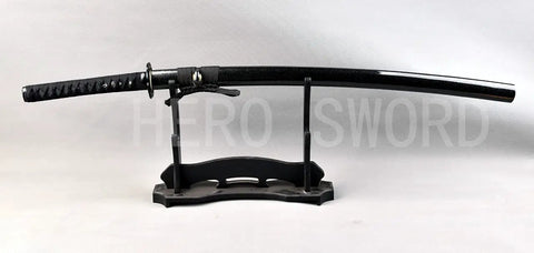 Practice Katana Sword With Full Tang Aluminum Steel Blade Blunt Edge For Safe Iaido Training on display stand, 40 inch length